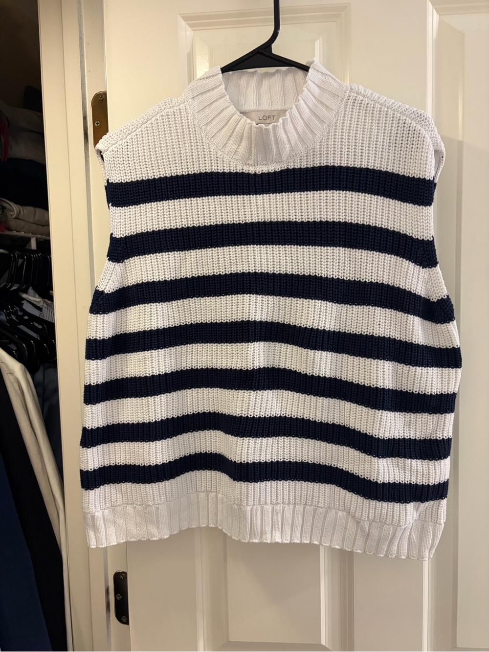 LOFT White and Navy Striped Sleeveless Crewneck Sweater Vest